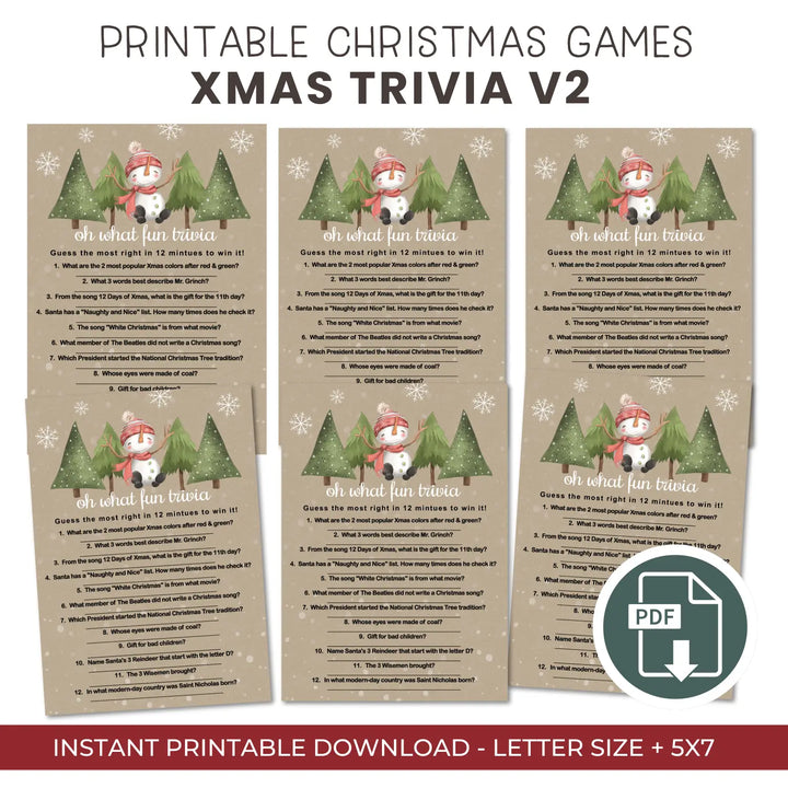 Snowman christmas trivia printable holiday game rustic and fun instant download version 2 - party games