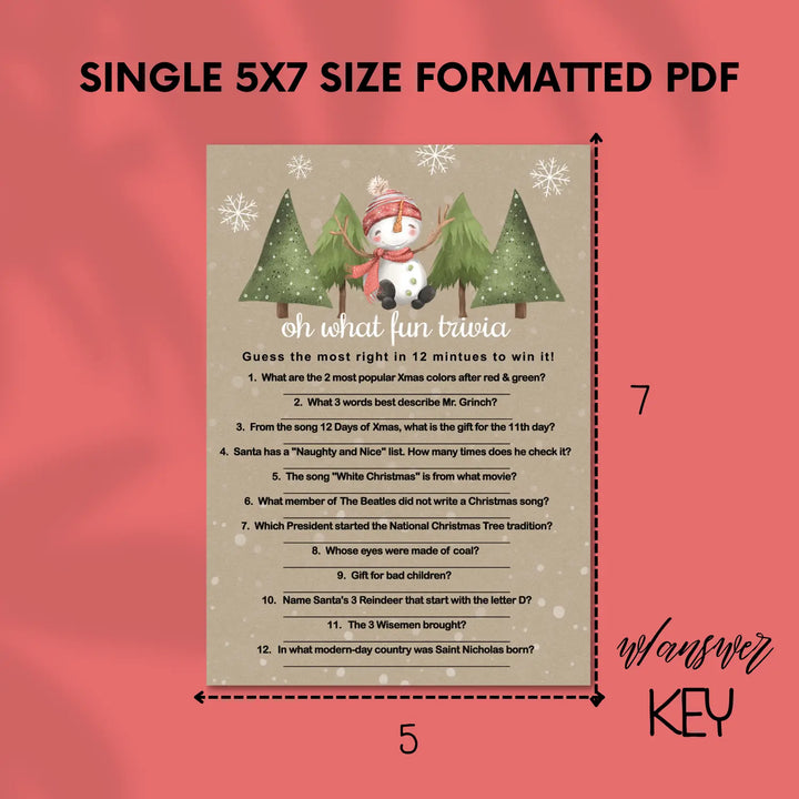 Snowman christmas trivia printable holiday game rustic and fun instant download version 2 - party games