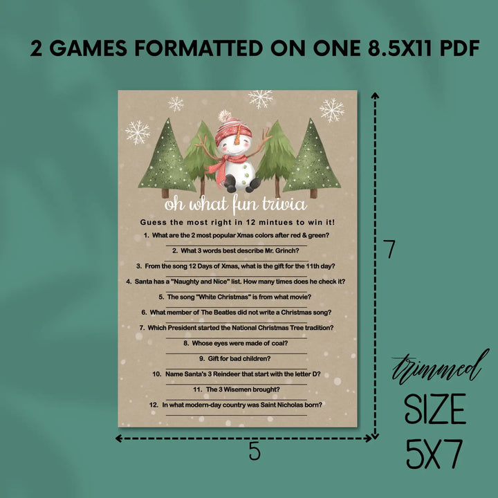 Snowman christmas trivia printable holiday game rustic and fun instant download version 2 - party games