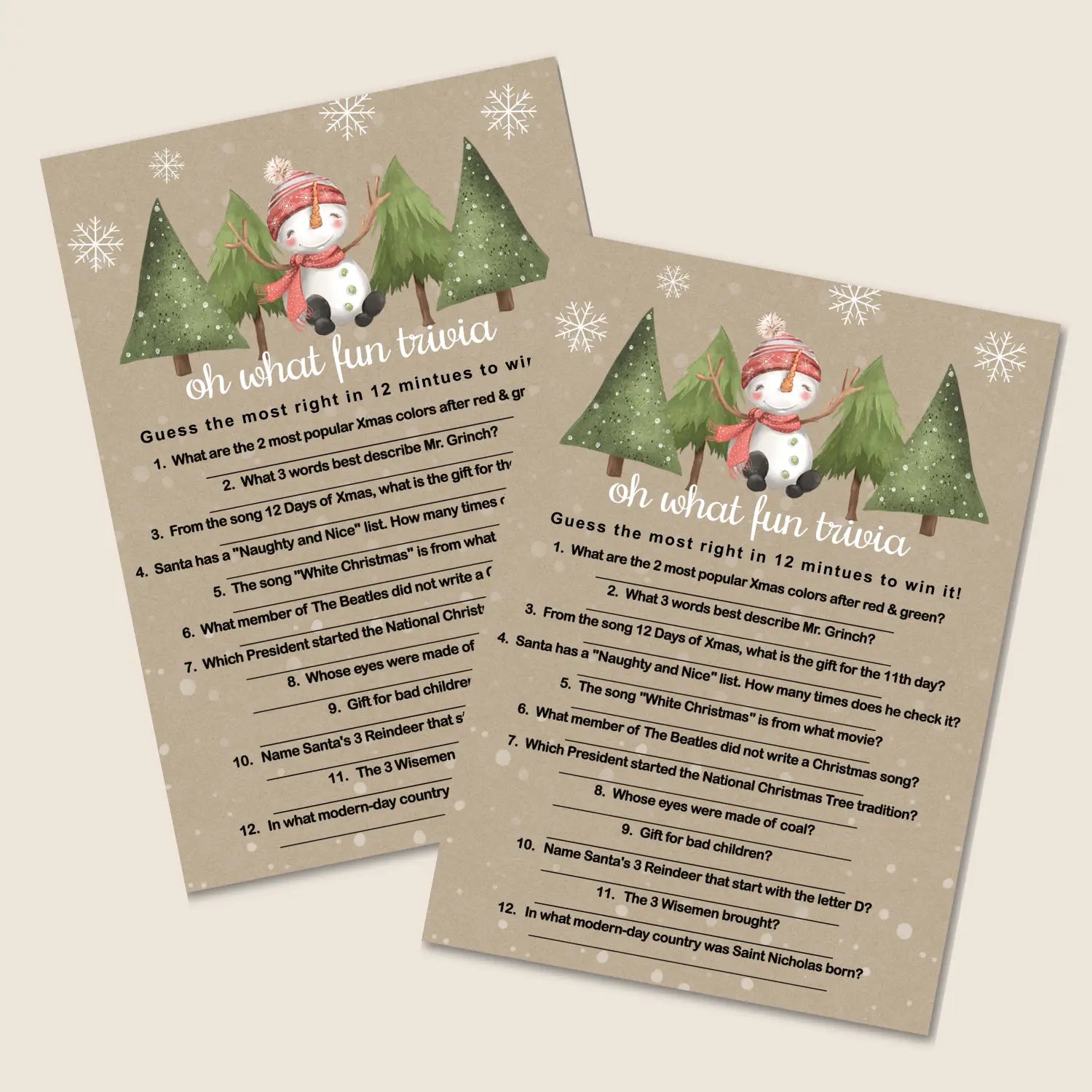Snowman christmas trivia printable holiday game rustic and fun instant download version 2 - party games