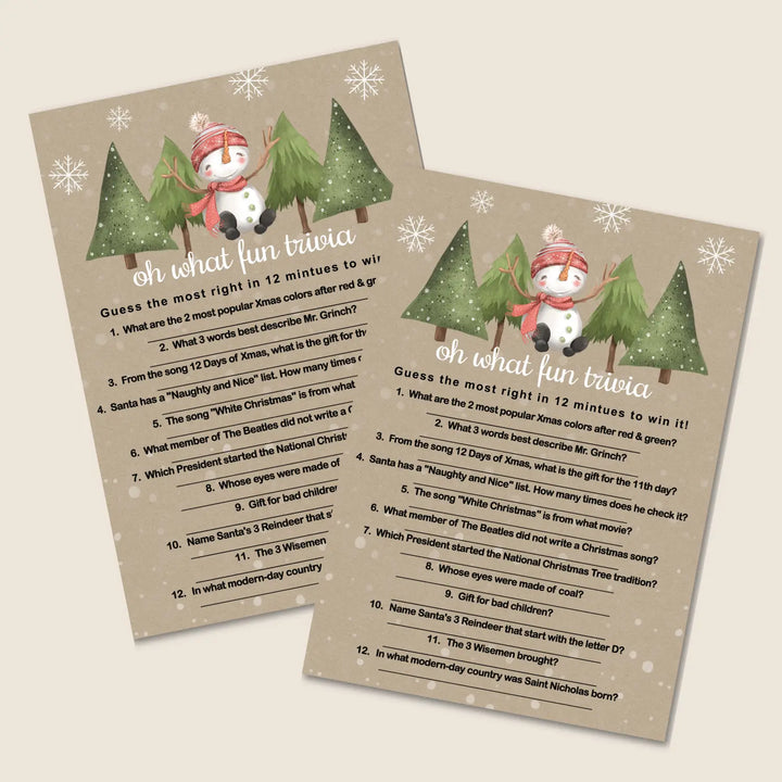 Snowman christmas trivia printable holiday game rustic and fun instant download version 2 - party games