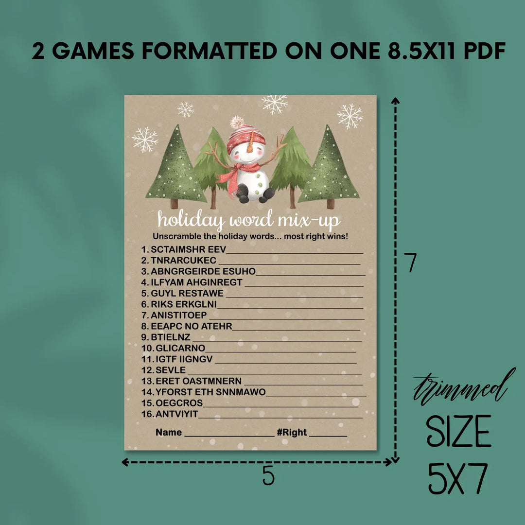 Snowman christmas word scramble printable – digital download rustic snow design instant - party games