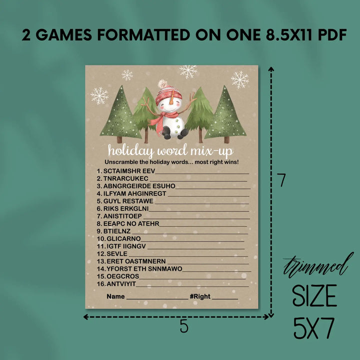 Snowman christmas word scramble printable – digital download rustic snow design instant - party games