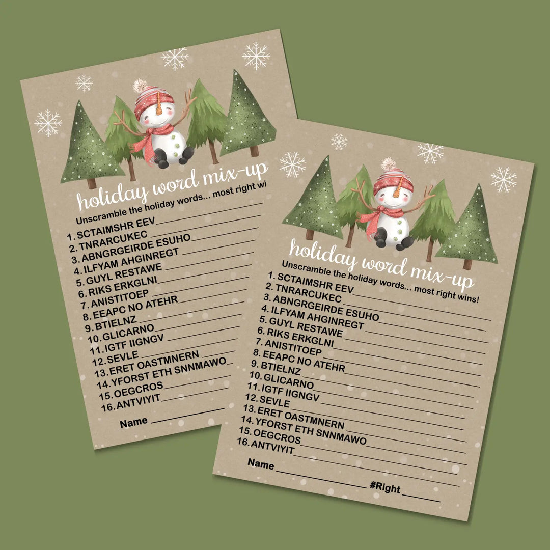 Snowman christmas word scramble printable – digital download rustic snow design instant - party games