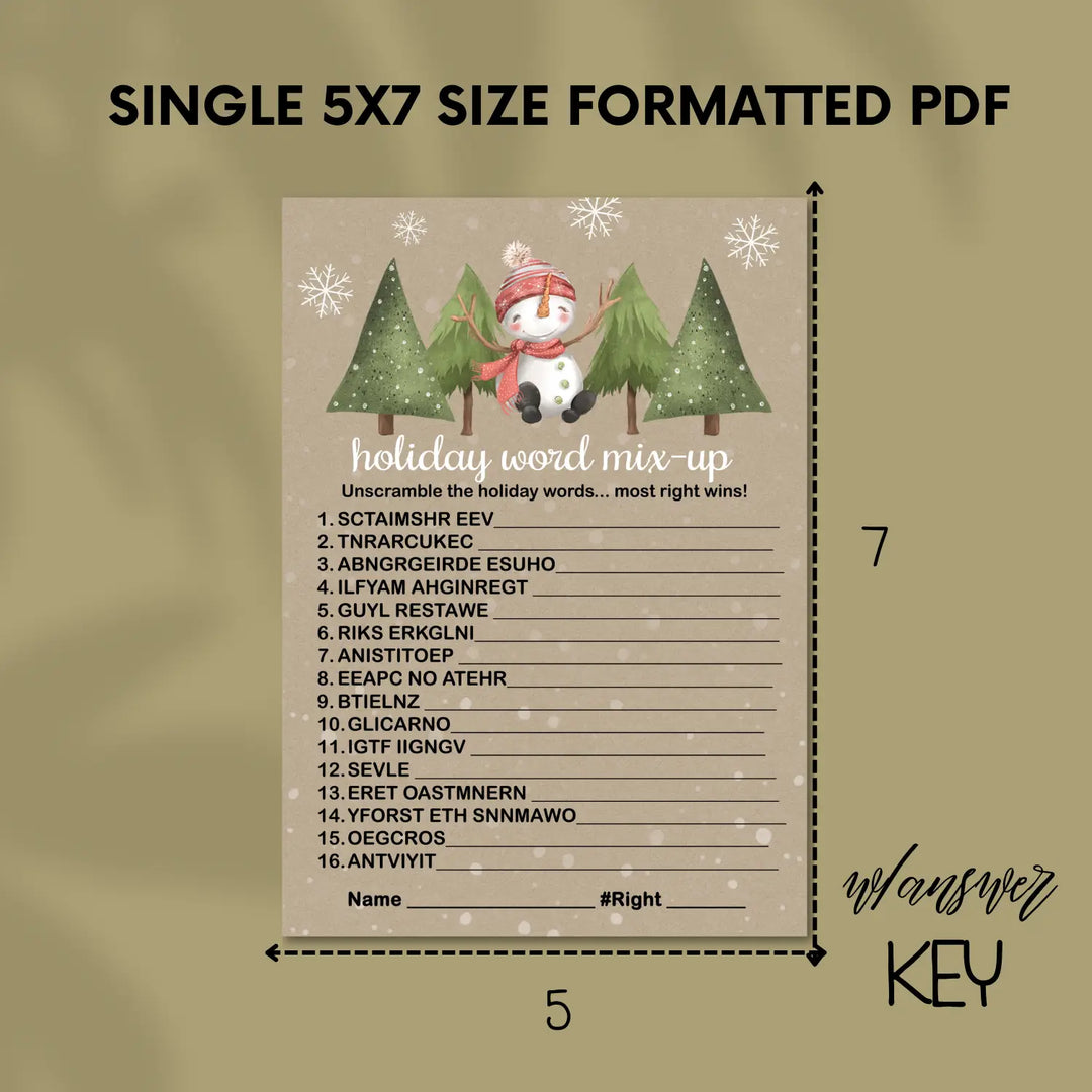 Snowman christmas word scramble printable – digital download rustic snow design instant - party games