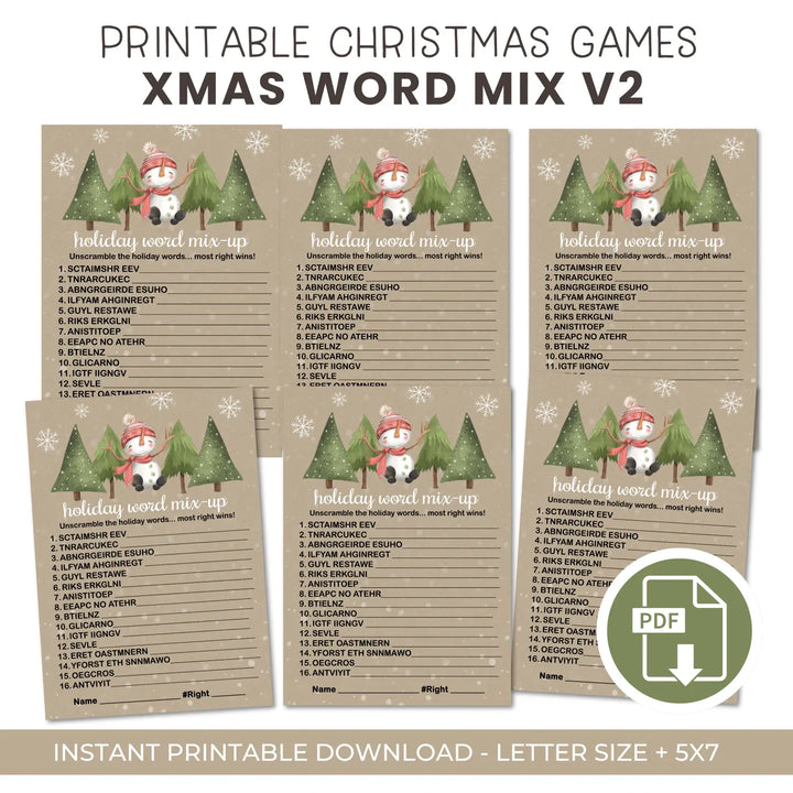 Snowman christmas word scramble printable – digital download rustic snow design instant - party games