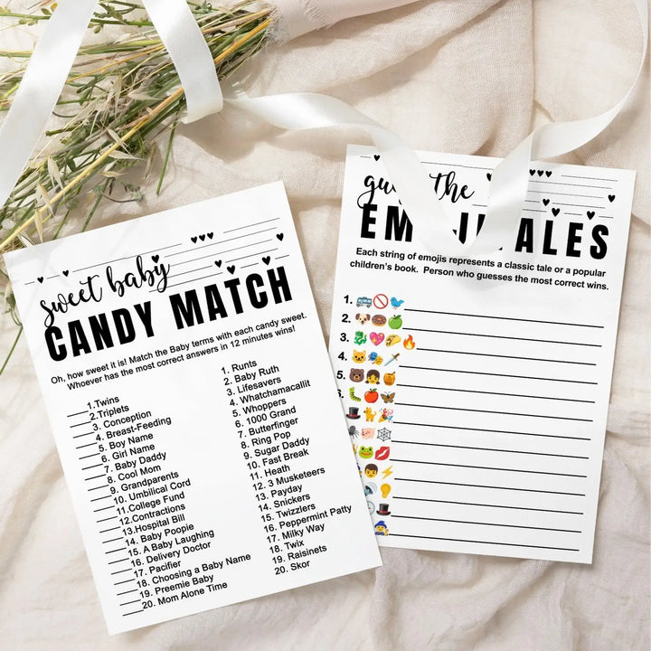 Sophisticated 2-in-1 Baby Shower Game Bundle - Match the Candy Bar & Guess the Storybook - 25 Pack - Paper Clever Party