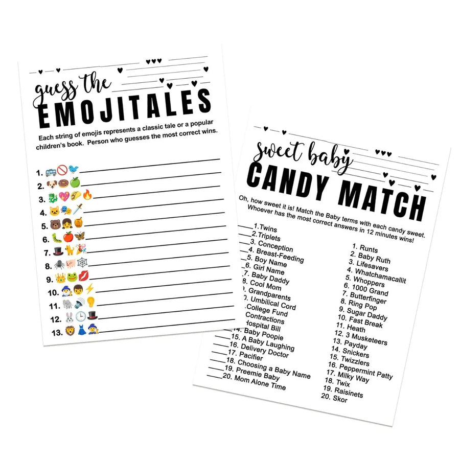 Sophisticated 2-in-1 Baby Shower Game Bundle - Match the Candy Bar & Guess the Storybook - 25 Pack - Paper Clever Party