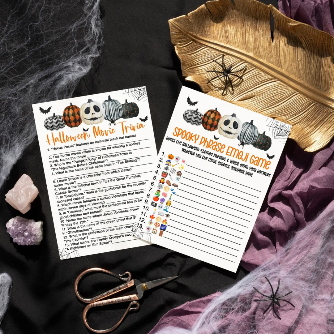 Spooktacular Halloween Party Game Bundle - 2-in-1 Pictograms & Movie Trivia, 25 Pack - Paper Clever Party