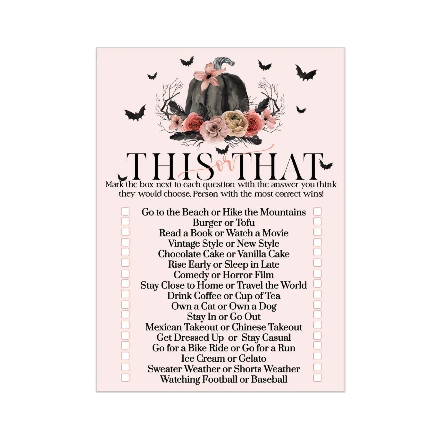 Spooky chic gothic bridal shower game - would she rather - pink & black pumpkin design - 25 guests - party games