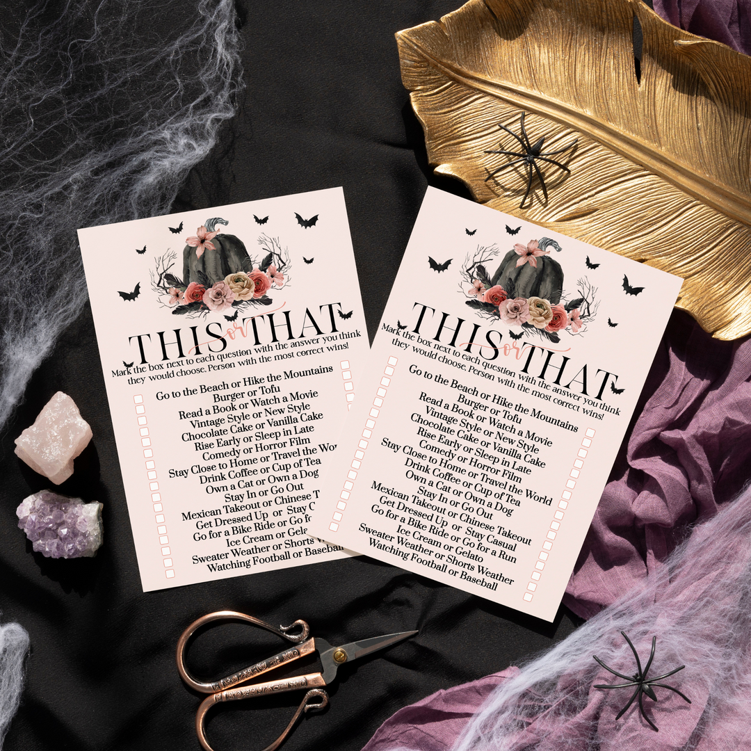 Spooky Chic Gothic Bridal Shower Game - Would She Rather - Pink & Black Pumpkin Design - 25 Guests - Paper Clever Party