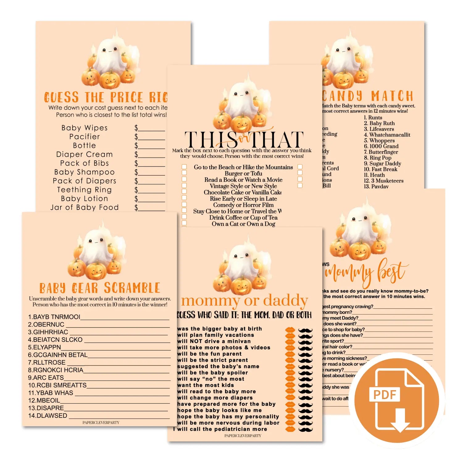 Spooky ghost baby shower games bundle – instant download printable activities coed gender neutral halloween diy party