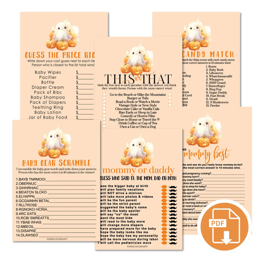 Spooky ghost baby shower games bundle – instant download printable activities coed gender neutral halloween diy party