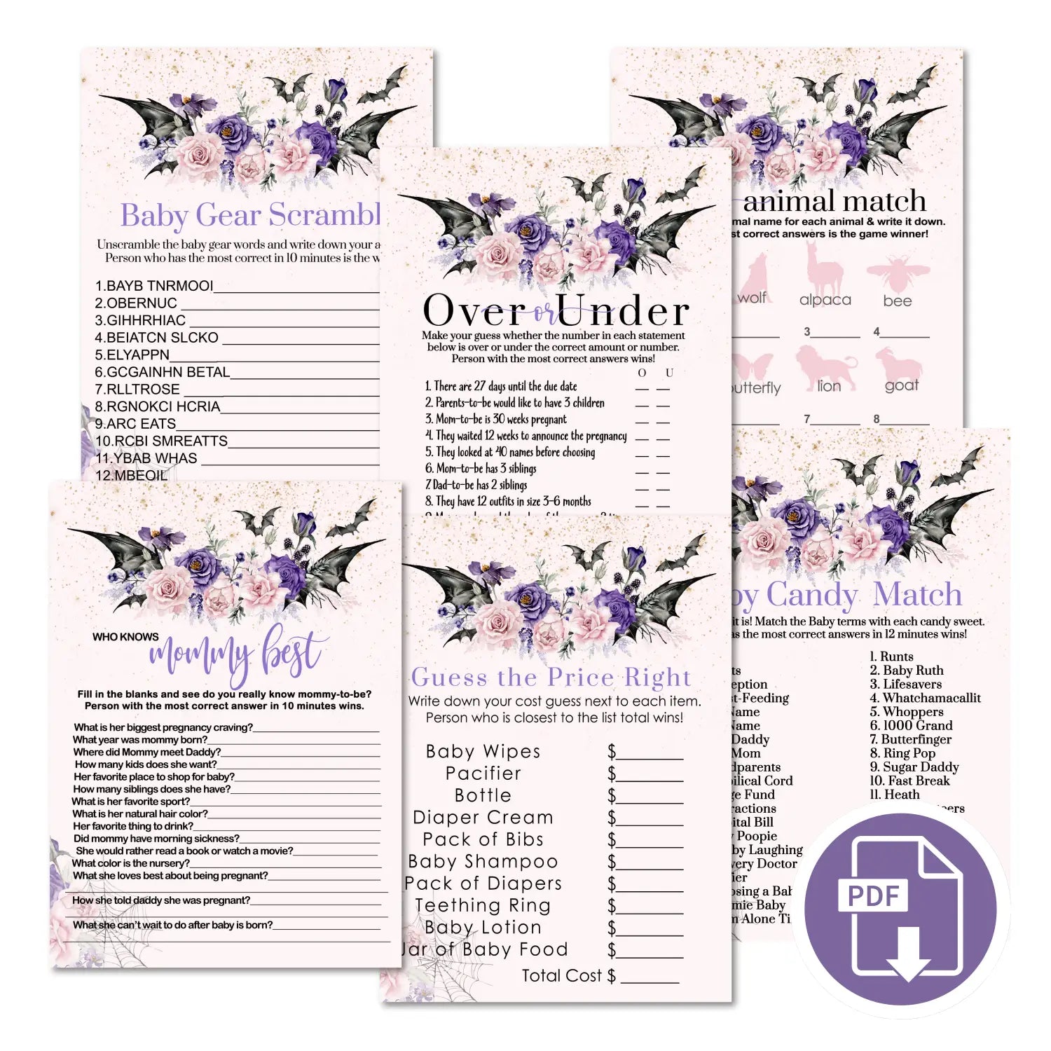 Spooky goth baby shower games bundle – instant download printable activities coed celebration fun digital game diy
