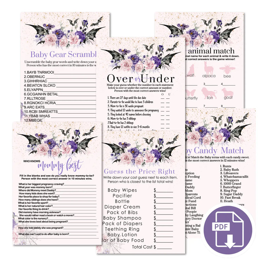 Spooky goth baby shower games bundle – instant download printable activities coed celebration fun digital game diy