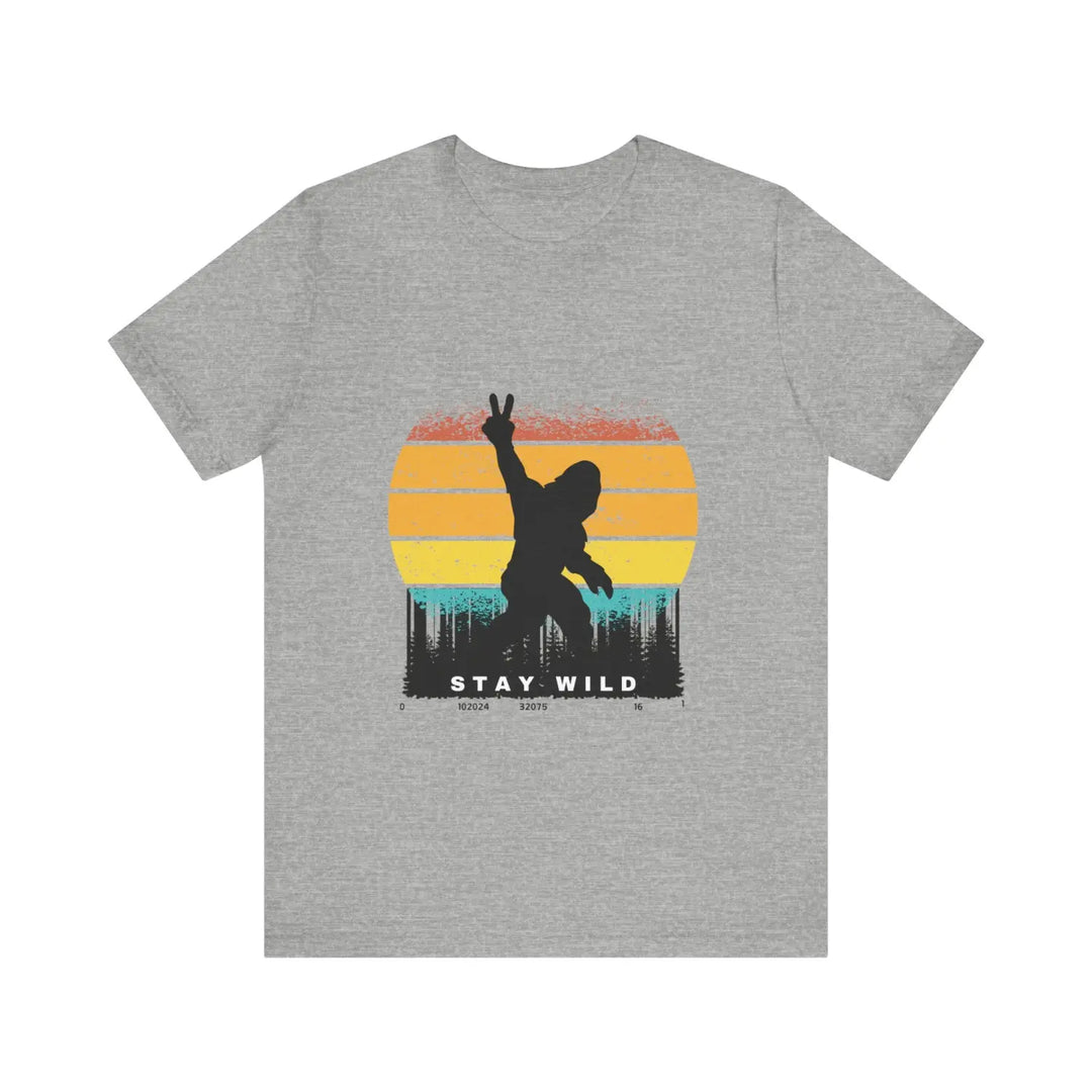 Stay wild bigfoot unisex tee - fun retro graphic t-shirt hide n seek champion - athletic heather / xs