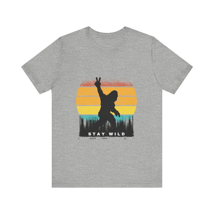 Stay wild bigfoot unisex tee - fun retro graphic t-shirt hide n seek champion - athletic heather / xs