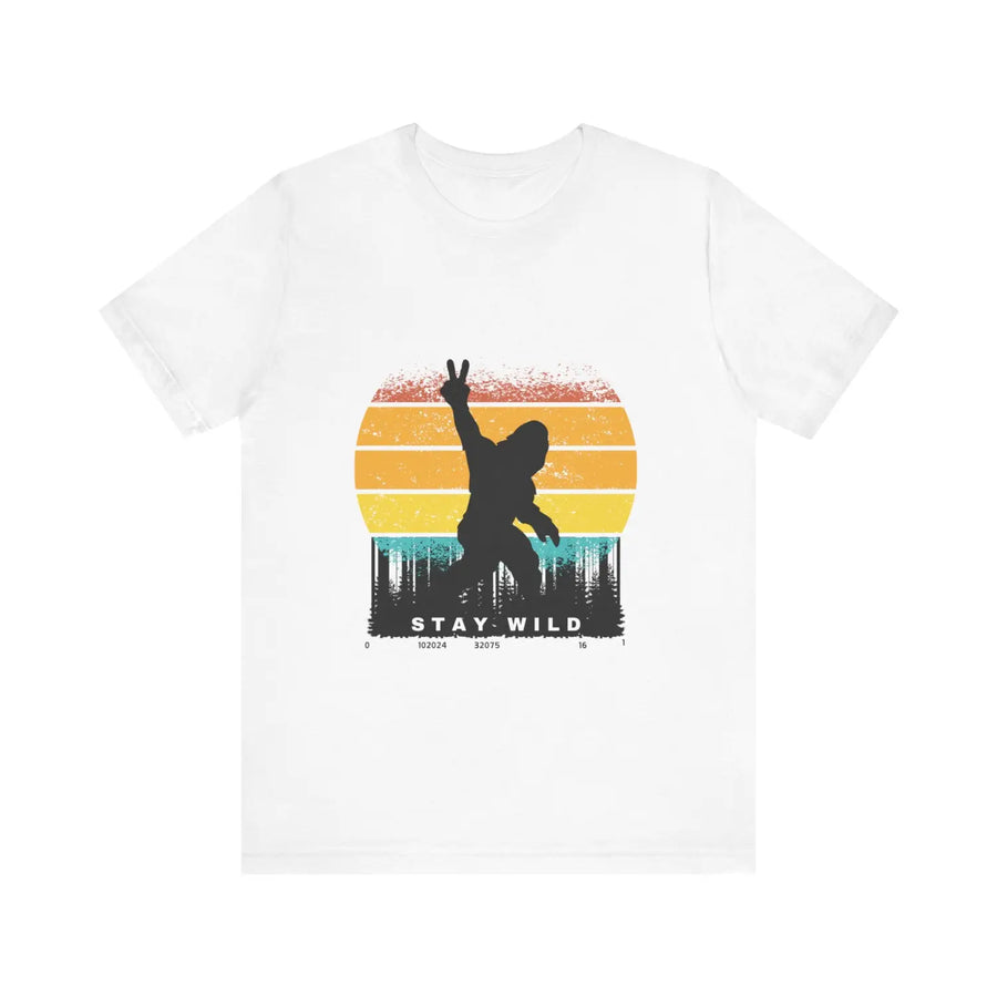 Stay wild bigfoot unisex tee - fun retro graphic t-shirt hide n seek champion - white / xs