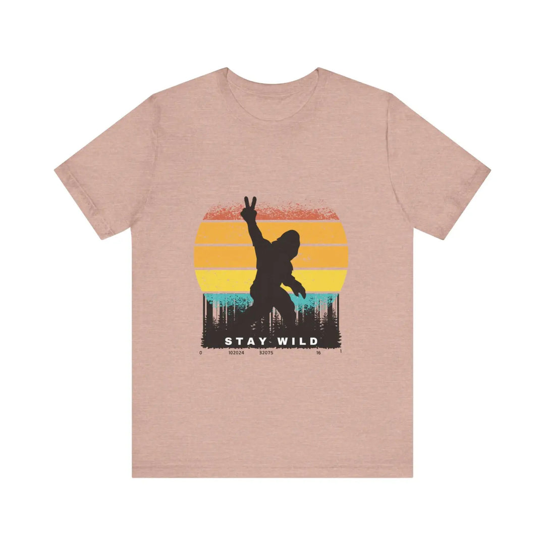 Stay wild bigfoot unisex tee - fun retro graphic t-shirt hide n seek champion - heather prism peach / xs