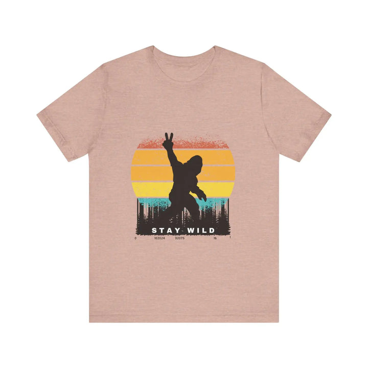 Stay wild bigfoot unisex tee - fun retro graphic t-shirt hide n seek champion - heather prism peach / xs
