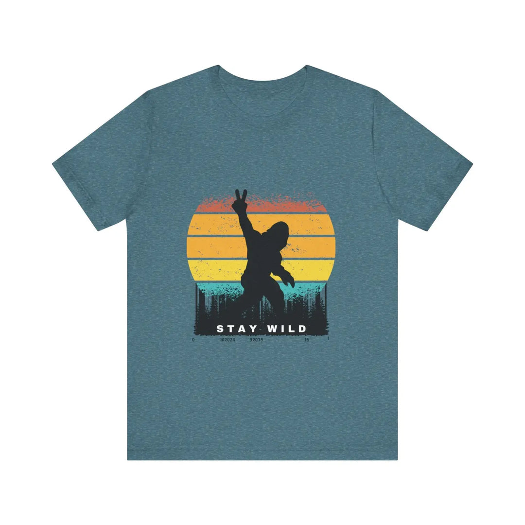 Stay wild bigfoot unisex tee - fun retro graphic t-shirt hide n seek champion - heather deep teal / xs