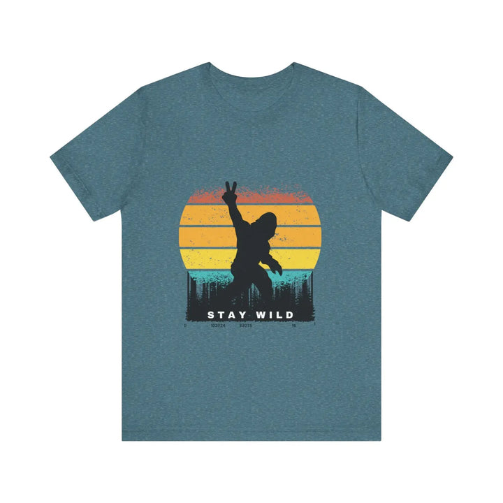 Stay wild bigfoot unisex tee - fun retro graphic t-shirt hide n seek champion - heather deep teal / xs