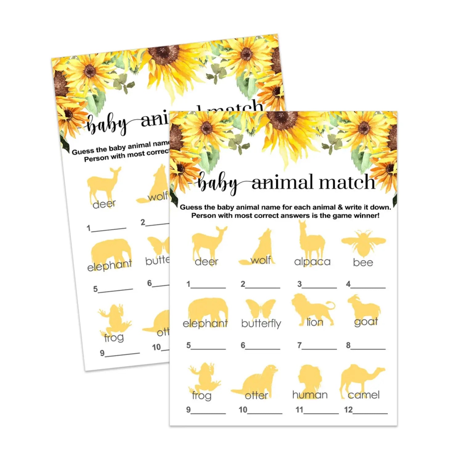 Sunflower baby shower animal matching printable game - party games