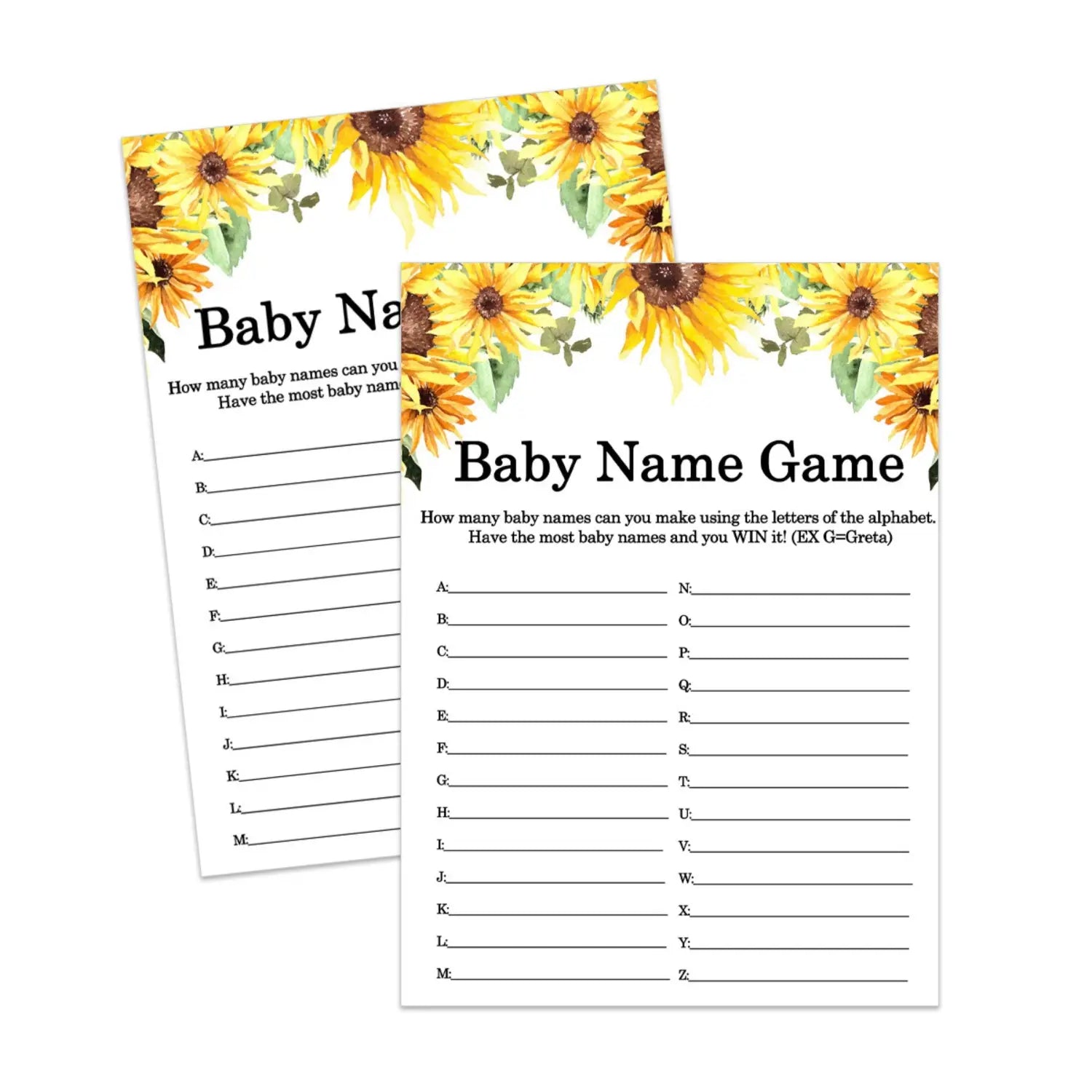 Sunflower baby shower name race game printable instant download - party games