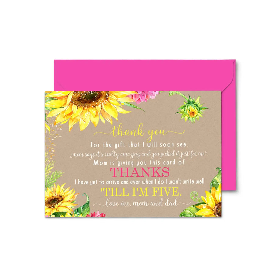 Sunflower Baby Shower Thank You Cards - Rustic Neutral (15 Pack) with Pink Envelopes, 4x6 - Paper Clever Party