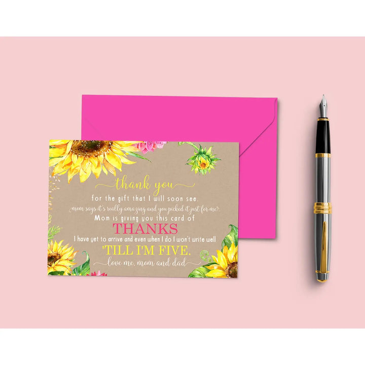 Sunflower Baby Shower Thank You Cards - Rustic Neutral (15 Pack) with Pink Envelopes, 4x6 - Paper Clever Party