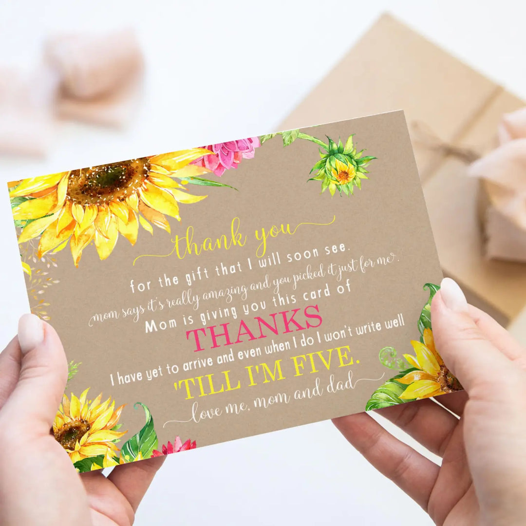 Sunflower Baby Shower Thank You Cards - Rustic Neutral (15 Pack) with Pink Envelopes, 4x6 - Paper Clever Party