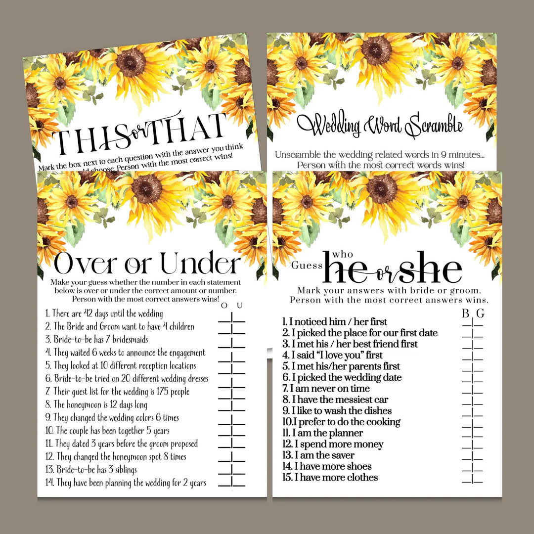 Sunflower bridal shower game instant download 8 games rustic country printable fun for fall wedding celebrations - party