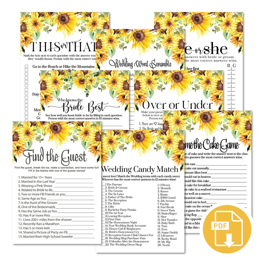 Sunflower bridal shower game instant download 8 games rustic country printable fun for fall wedding celebrations - party