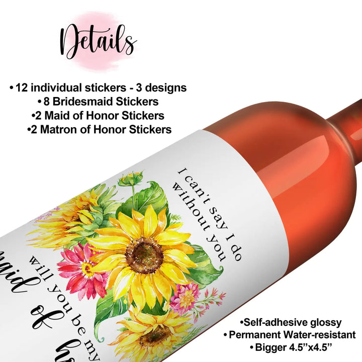 Sunflower Themed Bridesmaid Wine Labels - Pack of 12 - Vibrant Maid of Honor Proposals - Paper Clever Party