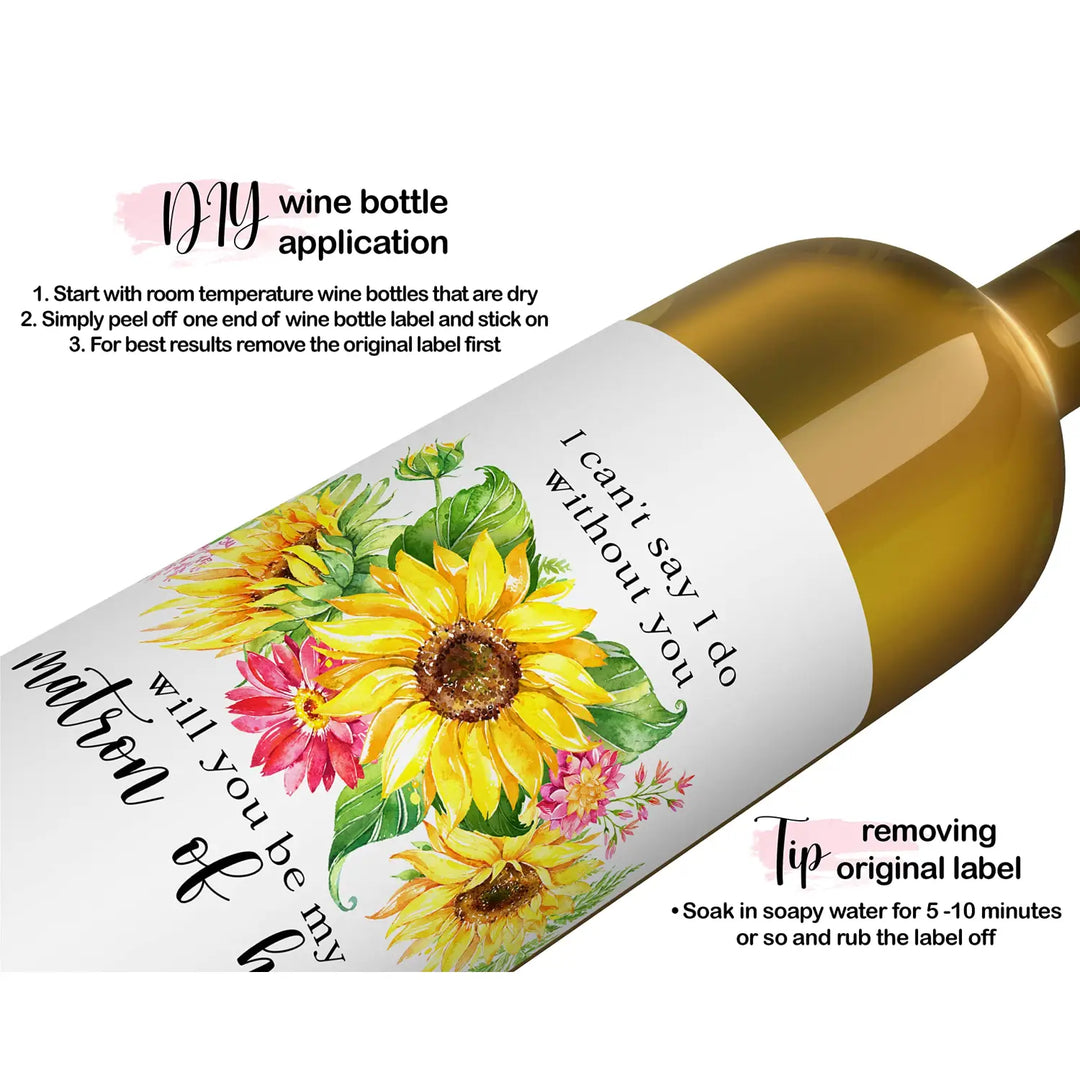 Sunflower Themed Bridesmaid Wine Labels - Pack of 12 - Vibrant Maid of Honor Proposals - Paper Clever Party