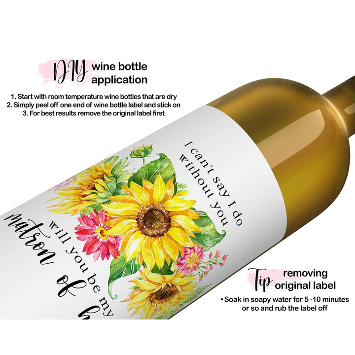 Sunflower Themed Bridesmaid Wine Labels - Pack of 12 - Vibrant Maid of Honor Proposals - Paper Clever Party