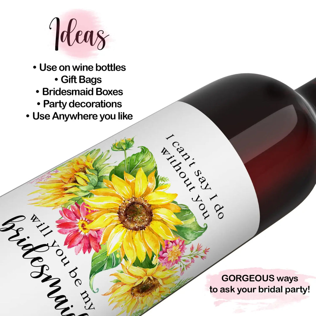 Sunflower Themed Bridesmaid Wine Labels - Pack of 12 - Vibrant Maid of Honor Proposals - Paper Clever Party