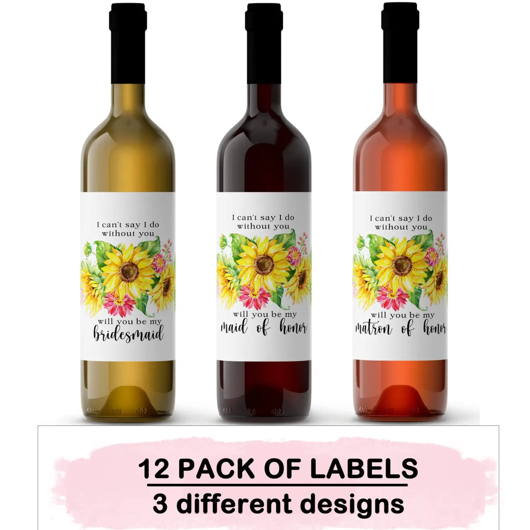 Sunflower Themed Bridesmaid Wine Labels - Pack of 12 - Vibrant Maid of Honor Proposals - Paper Clever Party