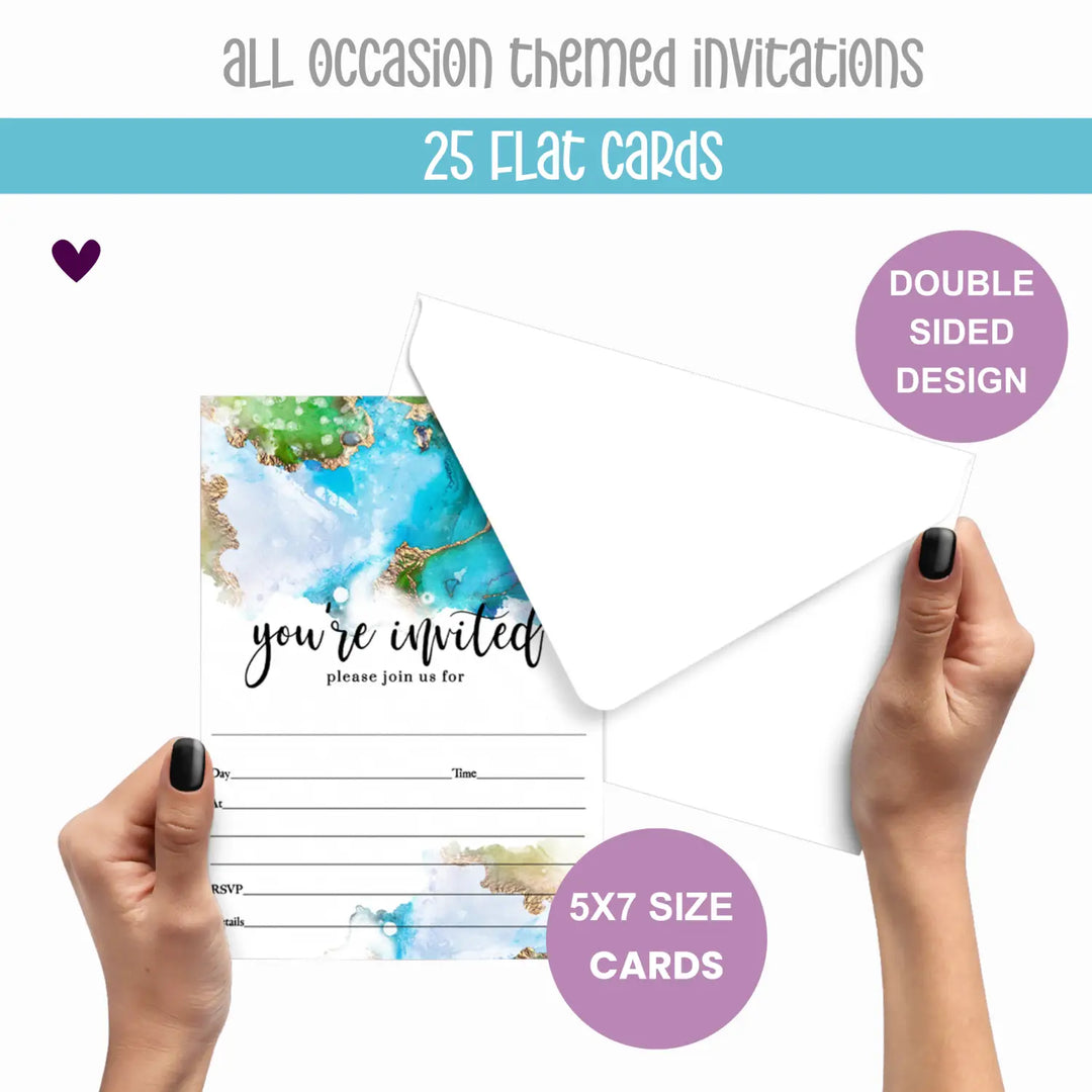 Teal and Purple Invitations with Envelopes, DIY 5x7 Blank Card Set, 25 Count - Paper Clever Party