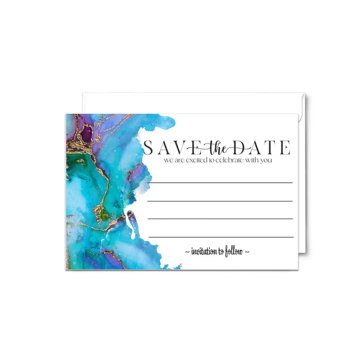 Teal and purple save the date cards with envelopes - 25 pack modern watercolor all occasion invitations for weddings