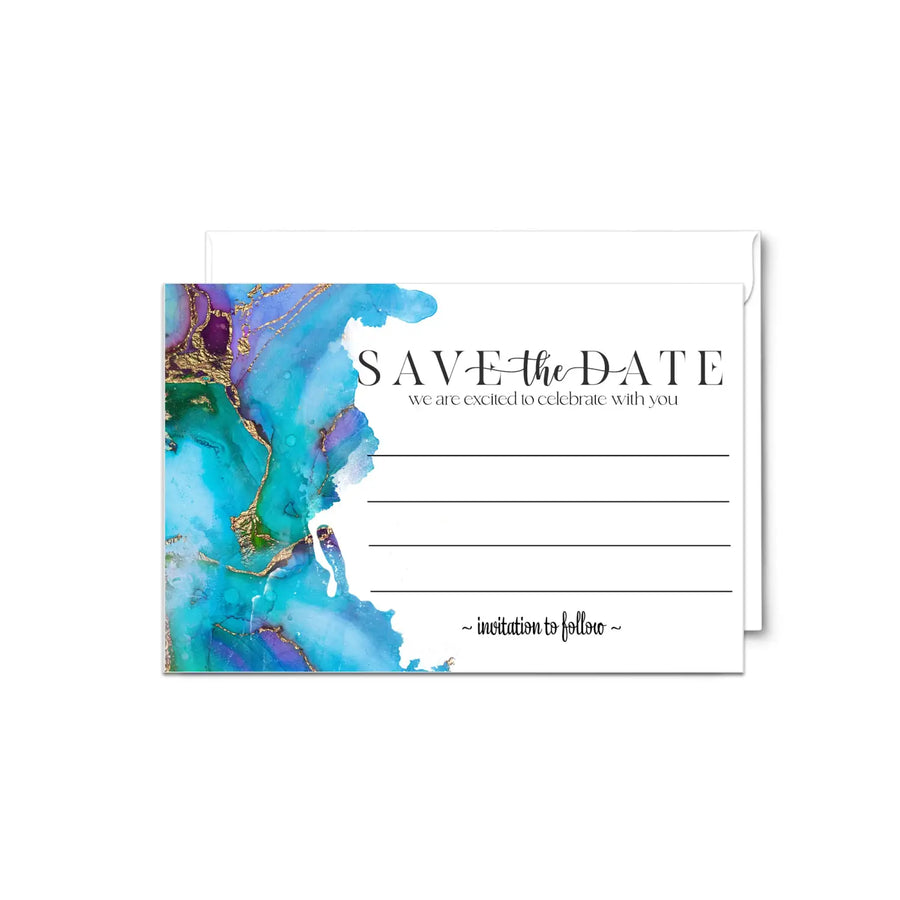Teal and purple save the date cards with envelopes - 25 pack modern watercolor all occasion invitations for weddings