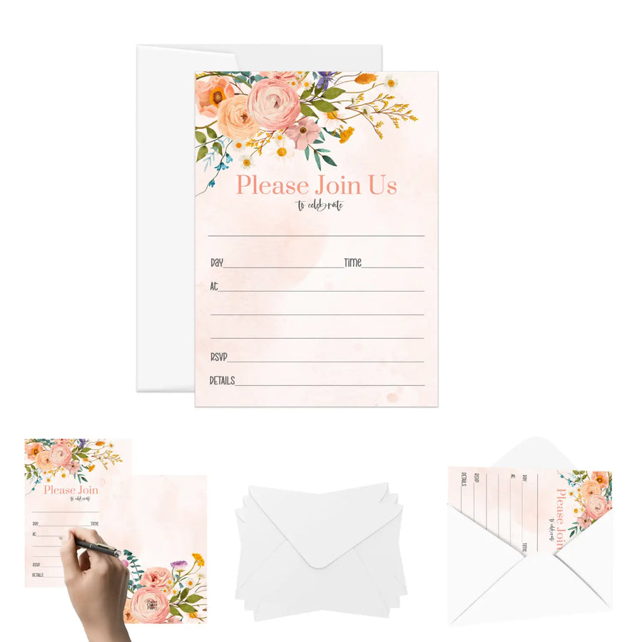 Terracotta Floral Invitations Set All Occasions - Versatile & Customizable, 25 Pack - Paper Clever Party