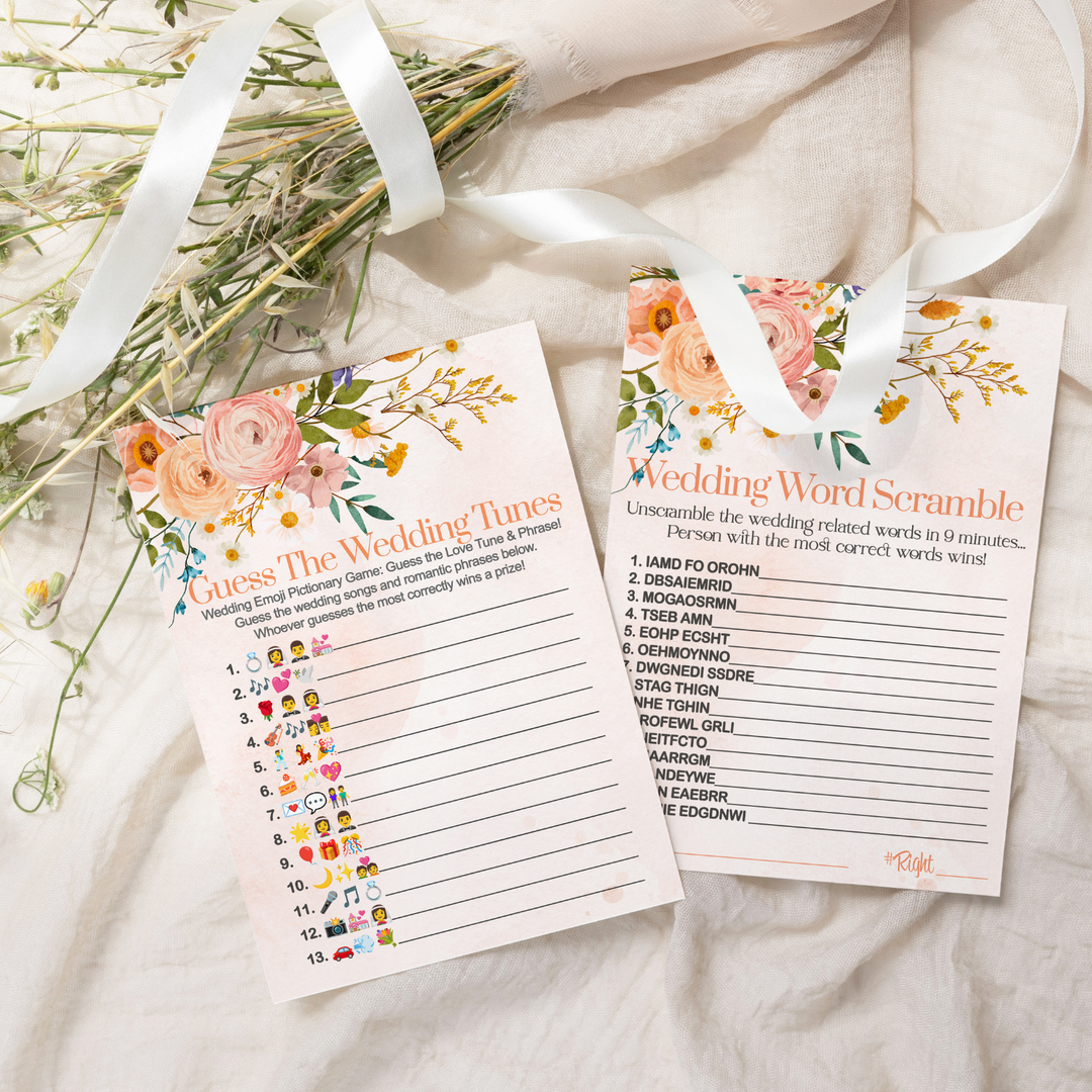 Rustic Boho Terracotta Floral Bridal Shower Game Set 2-in-1 - Unique Wedding Song Pictures & Word Scramble - Paper Clever Party