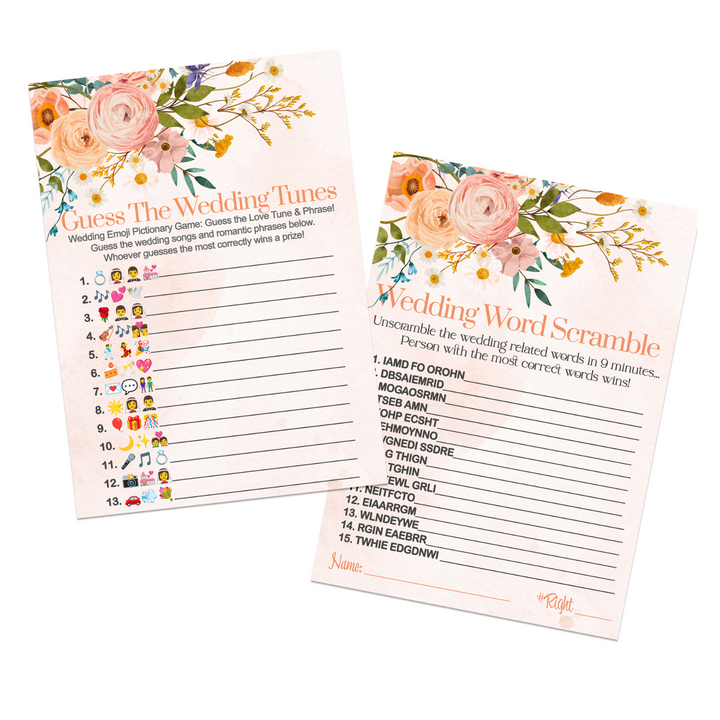 Rustic Boho Terracotta Floral Bridal Shower Game Set 2-in-1 - Unique Wedding Song Pictures & Word Scramble - Paper Clever Party