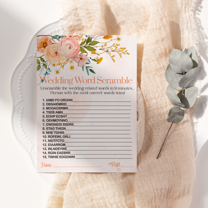 Rustic Boho Terracotta Floral Bridal Shower Game Set 2-in-1 - Unique Wedding Song Pictures & Word Scramble - Paper Clever Party