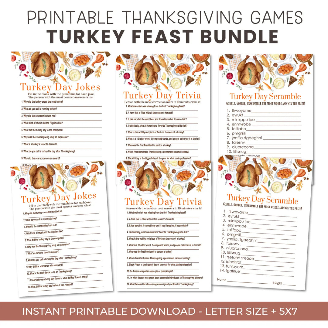 Thankful thanksgiving game set printable word scramble trivia grandpa jokes instant download holiday activity pack