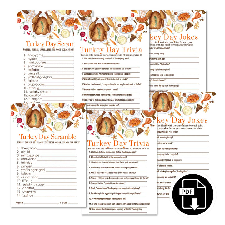 Thankful thanksgiving game set printable word scramble trivia grandpa jokes instant download holiday activity pack