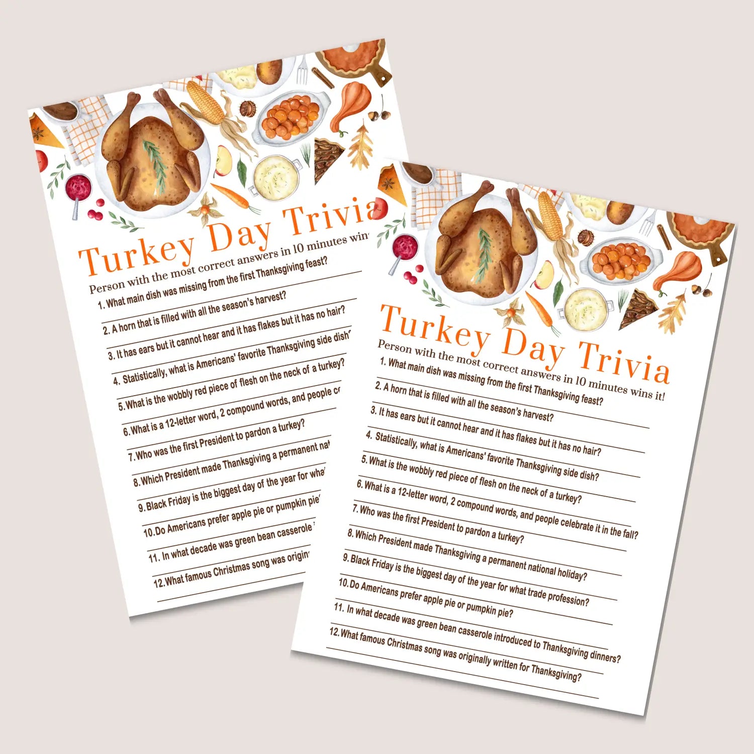 Thanksgiving day trivia game printable – digital download with answer key 5x7 cards instant holiday party fun personal