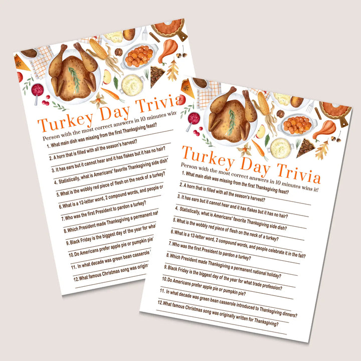 Thanksgiving day trivia game printable – digital download with answer key 5x7 cards instant holiday party fun personal