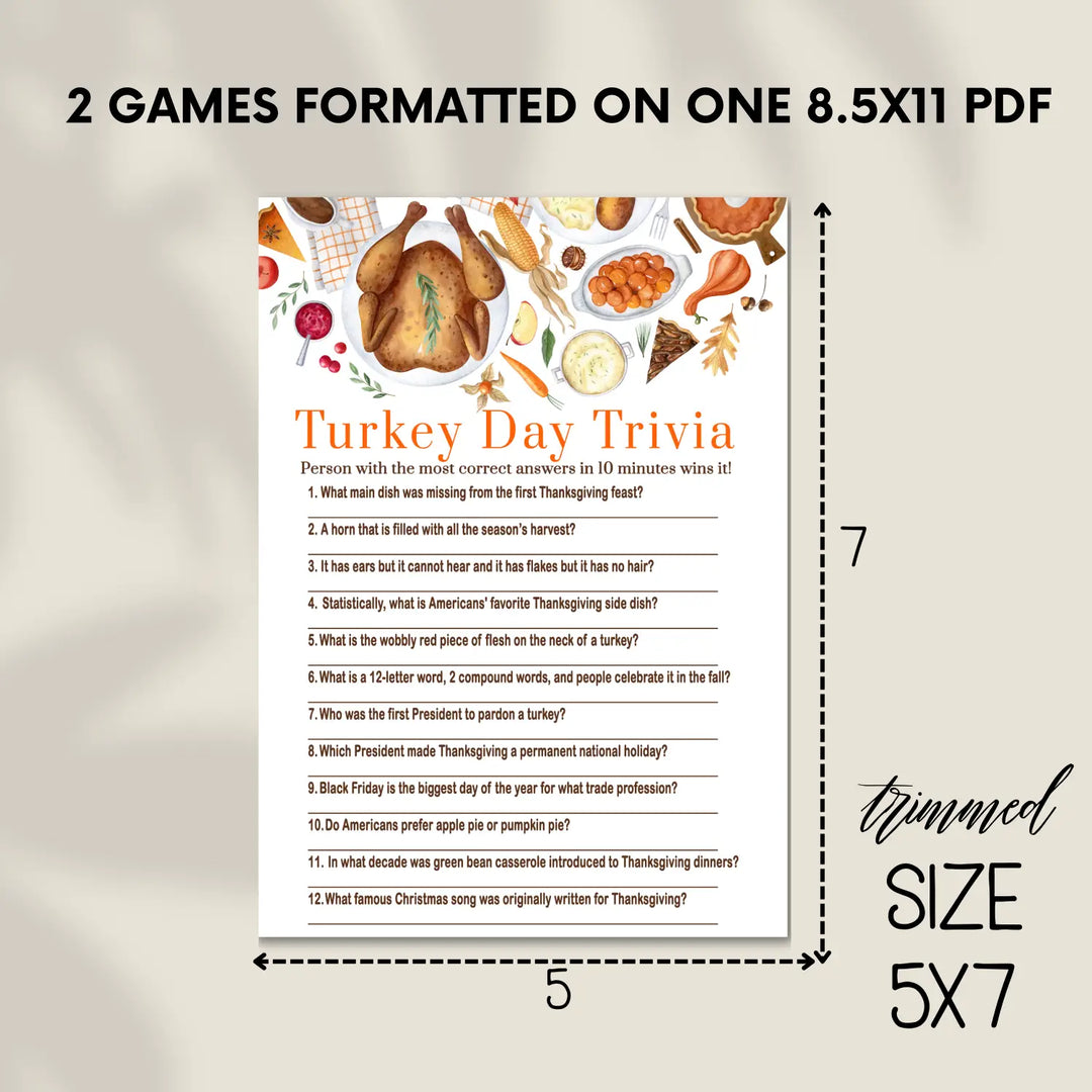 Thanksgiving day trivia game printable – digital download with answer key 5x7 cards instant holiday party fun personal